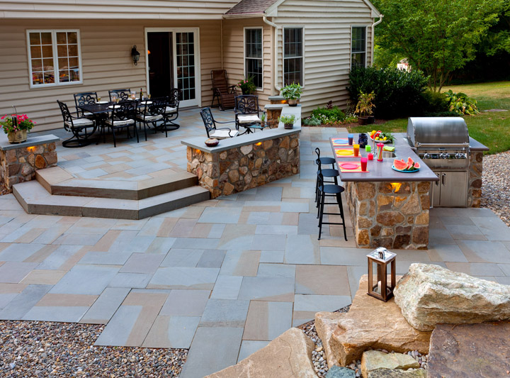 Backyard Multilevel Patio Area with Fireplace & Outdoor Kitchen